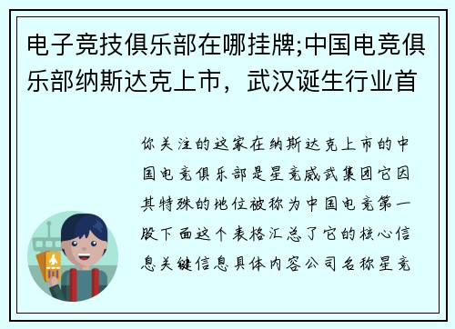 电子竞技俱乐部在哪挂牌;中国电竞俱乐部纳斯达克上市，武汉诞生行业首股